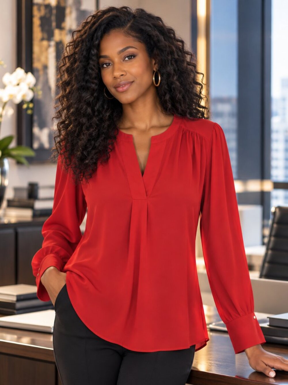 Calvin Klein Red V-Neck Blouse - Large - LIKE NEW